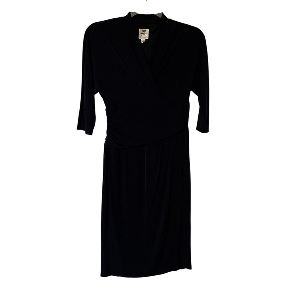 Suzy Chin For Maggy Faux Wrap Ruched Dress Navy Women's Size 6 Office Minimalist